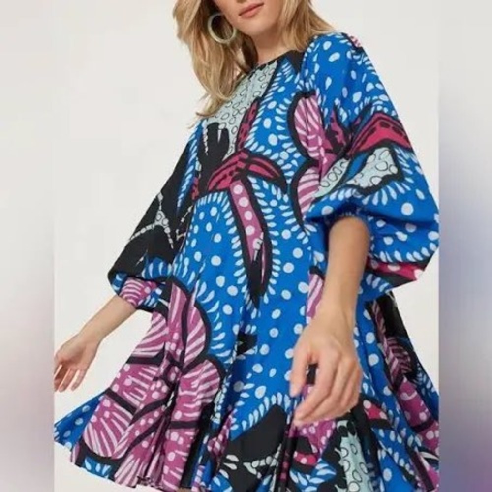 Rhode Ella Dress Blue Pink Butterfly Print Cotton Mini Balloon Sleeve Small